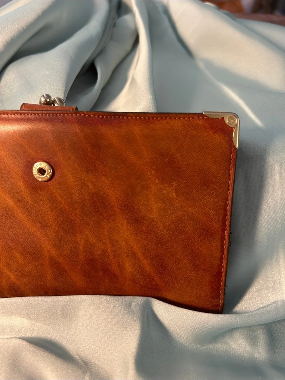 Italian Leather Wallet w/ kiss lock closure, in Cognac Brown